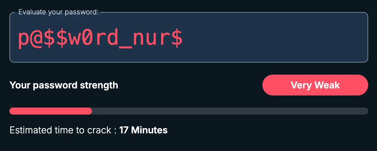 Bitwarden password strength checker showing a weak password crackable in 17 minutes